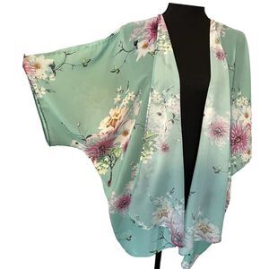 DAVi & DANI Floral Kimono Green Semi Sheer Open Front Oversized